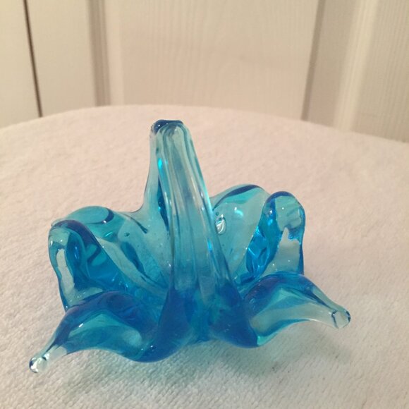 Small Blue Art Glass Basket 3" Trinket Dish Ring Holder Bubbles - Picture 4 of 11
